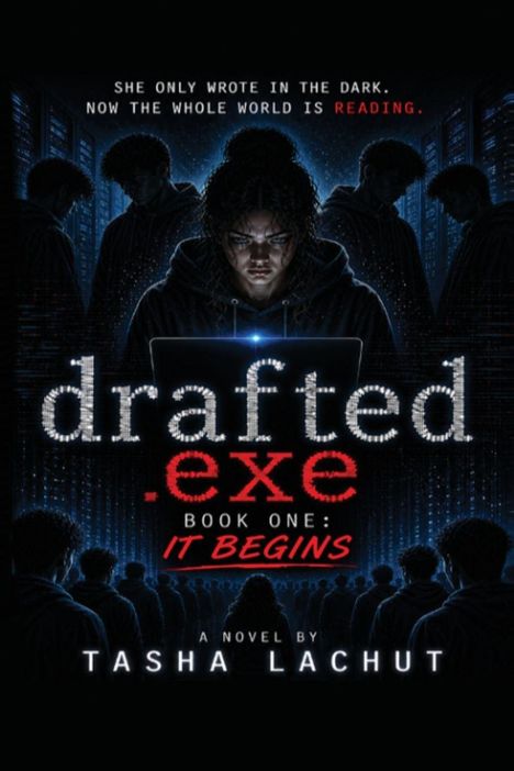 "She only wrote in the dark. Now the whole world is reading." "drafted.exe Book One: It Begins" von Tasha Lachut. Eine Person vor einem Laptop, umgeben von Servern.