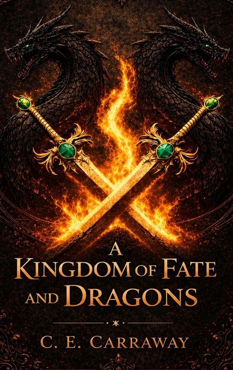 „A Kingdom of Fate and Dragons“ von C. E. Carraway. Zwei Drachen und gekreuzte Schwerter auf brennendem Hintergrund.