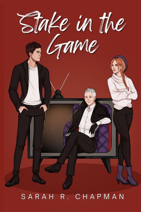 „Stake in the Game“ steht oben, „Sarah R. Chapman“ unten. Drei Figuren: ein sitzender Mann und zwei stehende, eine Frau.