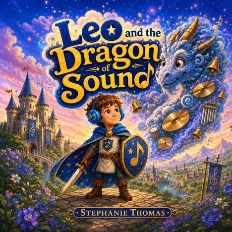 „Leo and the Dragon of Sound“ oben, „Stephanie Thomas“ unten. Ein Junge in Rüstung, Drachen aus Instrumenten, Schloss im Hintergrund.