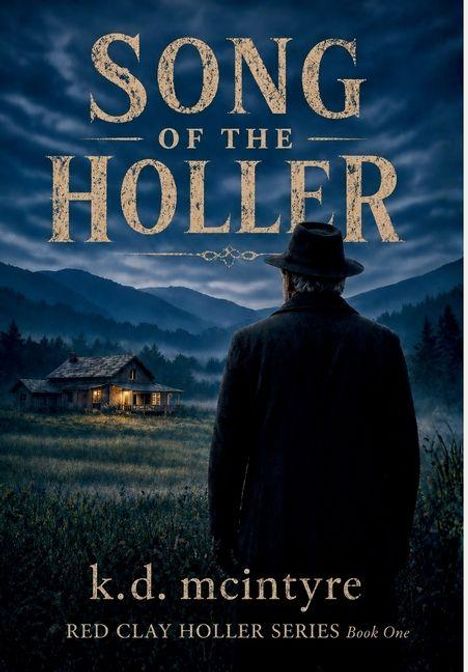 "Song of the Holler", "k.d. mcintyre", "Red Clay Holler Series Book One". Mann in Hut blickt auf Haus in dunkler Landschaft.