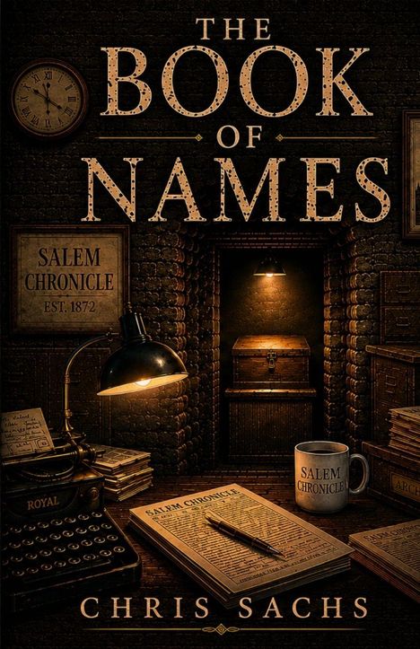 "The Book of Names", "Salem Chronicle Est. 1872", "Chris Sachs". Vintage Schreibtisch mit Schreibmaschine und Lampe.