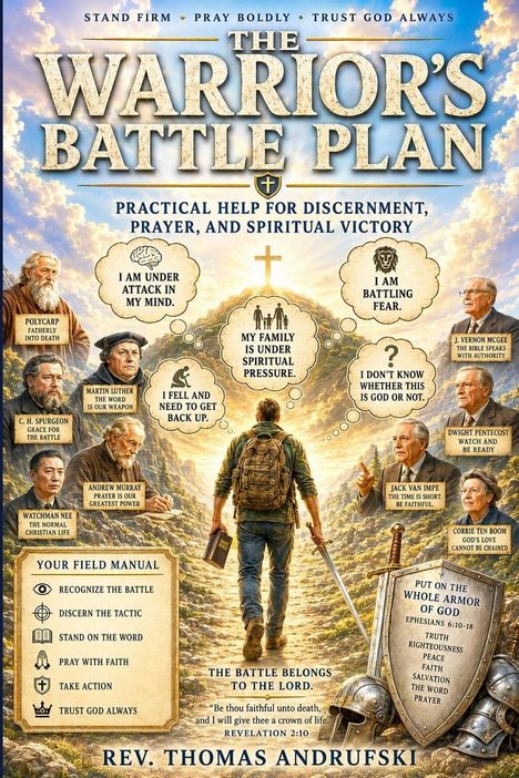 Plakat mit religiösen und motivierenden Botschaften, darunter „The Warrior’s Battle Plan“ und „My family is under spiritual pressure.“