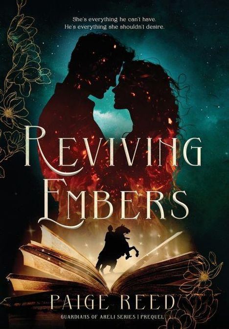 Text: "Reviving Embers. Paige Reed. Guardians of Areli Series | Prequel." Silhouette eines Paares vor dunklem Hintergrund.