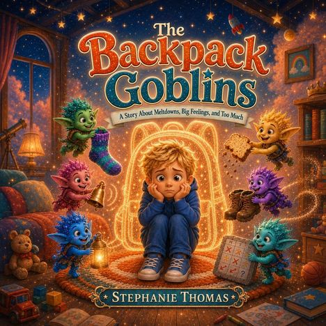 "The Backpack Goblins" oben. Illustration zeigt ein Kind, umgeben von farbigen Kobolden. Autor: Stephanie Thomas.