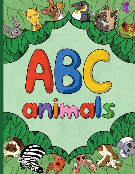 "ABC animals" in bunten Buchstaben. Illustration mit Tieren, die aus grünen Blättern hervorschauen.