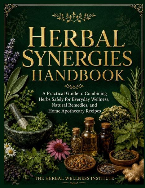 „HERBAL SYNERGIES HANDBOOK“. Kräuter, Mörser mit Stößel, Flaschen und Schalen mit getrockneten Kräutern.
