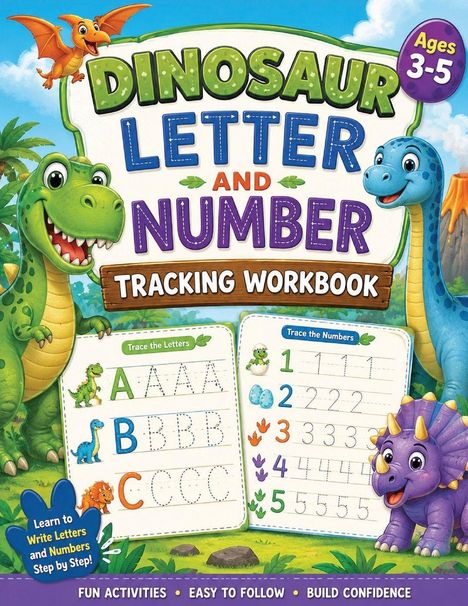 „DINOSAUR LETTER AND NUMBER TRACKING WORKBOOK“, „Ages 3-5“. Dinosaurier umrahmen den Titel. Illustrationen von Buchstaben und Zahlen zum Nachziehen.
