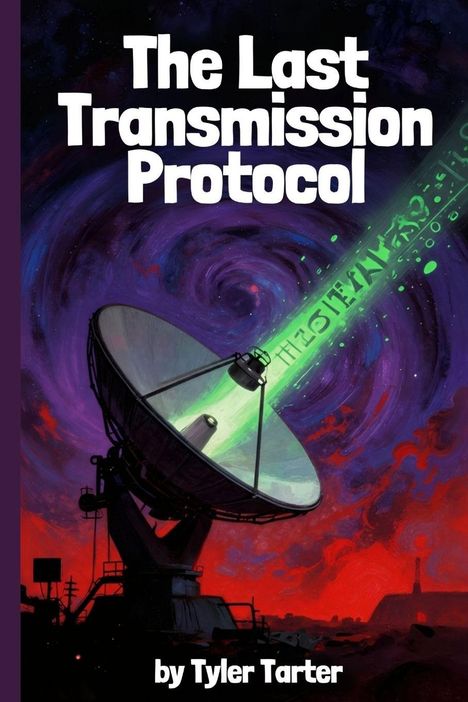 „The Last Transmission Protocol“ oben; „by Tyler Tarter“ unten. Eine Parabolantenne sendet grüne Signale ins All.