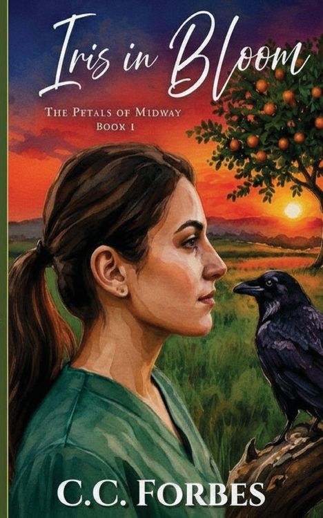 Titel: "Iris in Bloom", "The Petals of Midway Book 1". Frau im Profil mit Rabe vor Sonnenuntergang und Orangenbaum.