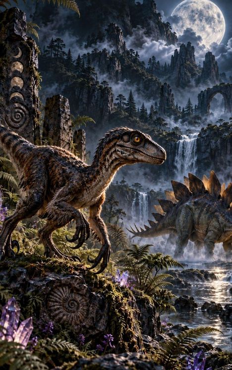 Eine Mondnacht-Szene mit zwei Dinosauriern und einem Wasserfall. Verzierter Stein mit Spiralen und Halbmond-Symbolen.
