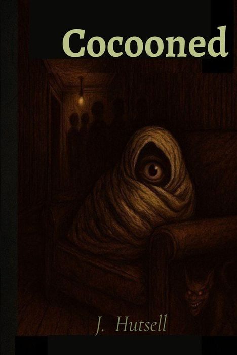 Titel: "Cocooned", Autor: J. Hutsell. Illustration: Ein Auge schaut aus einem Kokon, umgeben von Schattenfiguren.