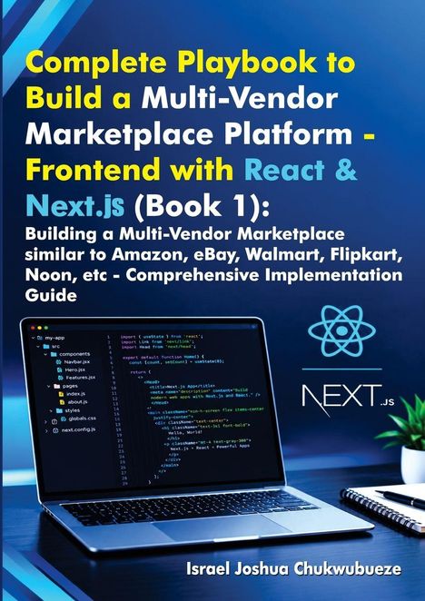 Titel: "Complete Playbook to Build a Multi-Vendor Marketplace Platform - Frontend with React & Next.js (Book 1)". Unten ein Laptop mit Code.