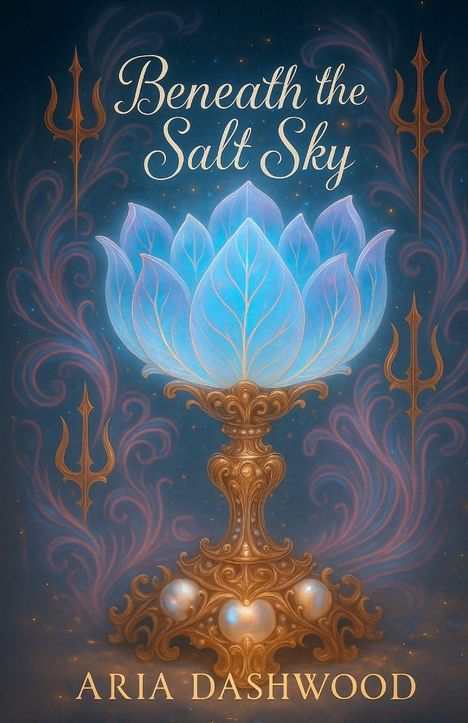 Text: "Beneath the Salt Sky. Aria Dashwood." Illustration einer blauen, leuchtenden Blume mit goldenen Details und Tridents.