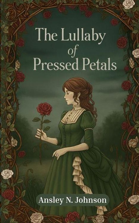"The Lullaby of Pressed Petals" von Ansley N. Johnson. Eine Frau im grünen Kleid hält eine Rose, umgeben von Ranken.