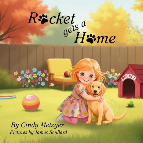 "Rocket gets a Home". Ein Kind umarmt einen Welpen vor einer Hundehütte in einem bunten Garten.