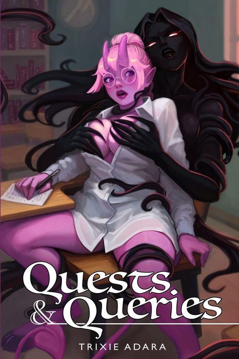 "Quests & Queries. Trixie Adara." Eine Illustration zeigt zwei interagierende, fantasievolle Figuren in einem Raum mit Bücherregal.