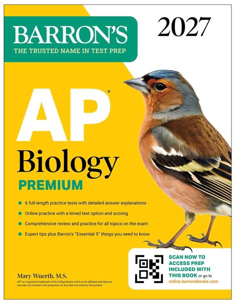 "AP Biology Premium 2027. Sechs Übungstests, Online-Training, umfassende Überprüfung. Ein Vogel illustriert das Cover."