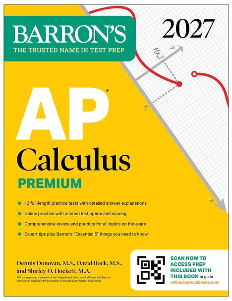 "AP Calculus PREMIUM 2027" in großen Buchstaben. Listenpunkte: Praxis-Tests, Online-Übungen, umfassende Überprüfung, Expertentipps.