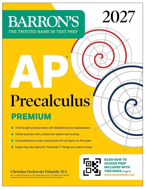 Text: "2027 AP Precalculus PREMIUM" und Listen von Funktionen. Oberer Teil gelb, mathematische Spiral-Illustration rechts.