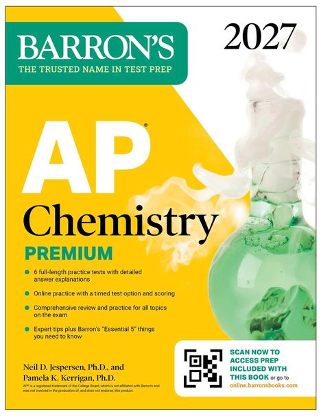 "BARRON'S AP Chemistry 2027 PREMIUM: 6 Tests, Online Practice, Expert Tips. QR-Code für Online-Zugang. Chemieflasche mit Rauch."