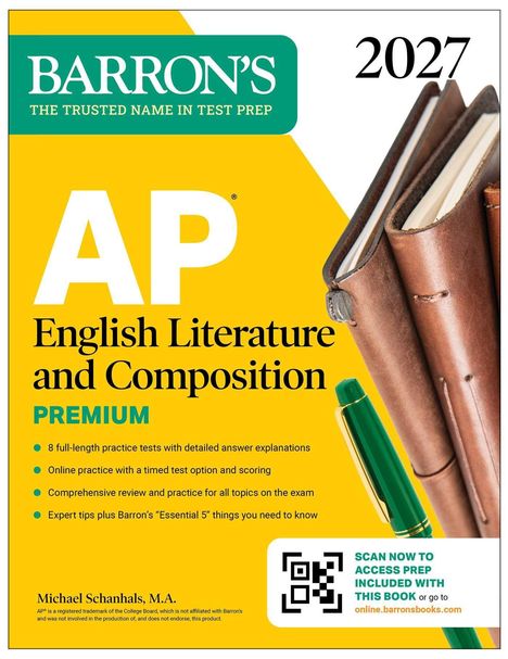 "BARRON'S AP English Literature and Composition 2027 PREMIUM. Scan for prep access. Bild einer Stift und Notizbücher."