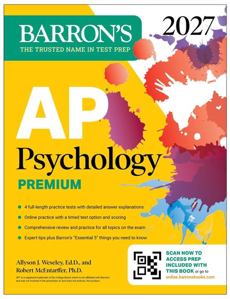 "Barron's AP Psychology Premium 2027. 4 practice tests, online options, expert tips. Autoren: Allyson J. Weseley, Robert McEntarffer."