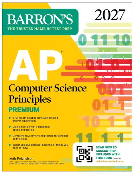 Barron's AP Computer Science Principles 2027. Premium: 6 Tests, Online Übungen, umfassende Prüfungsvorbereitung. QR-Code rechts.