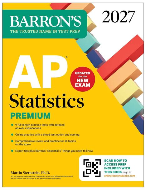 "BARRON'S", "AP Statistics PREMIUM", "2027". Gelbes Cover mit bunten Blöcken und QR-Code unten rechts.