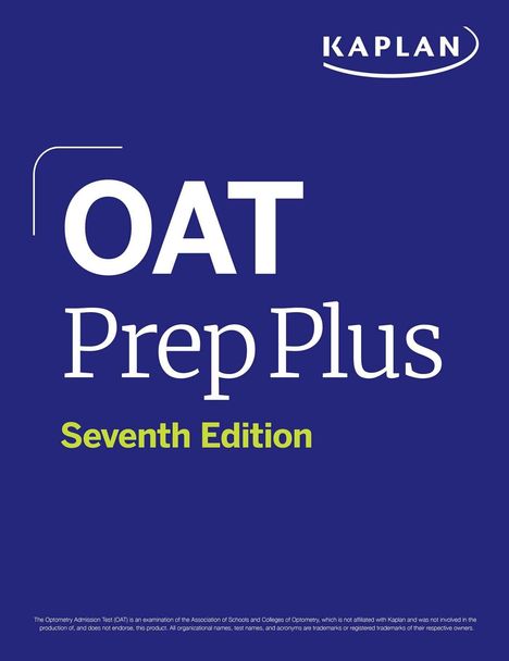 Text: "OAT Prep Plus, Seventh Edition". Oben rechts ein Logo mit dem Wort "Kaplan". Hintergrund in Blau.