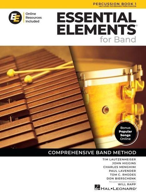 "Essential Elements for Band", ein Lehrbuch mit Xylophon links und Trommel rechts, mit Bonus-Lieder online.