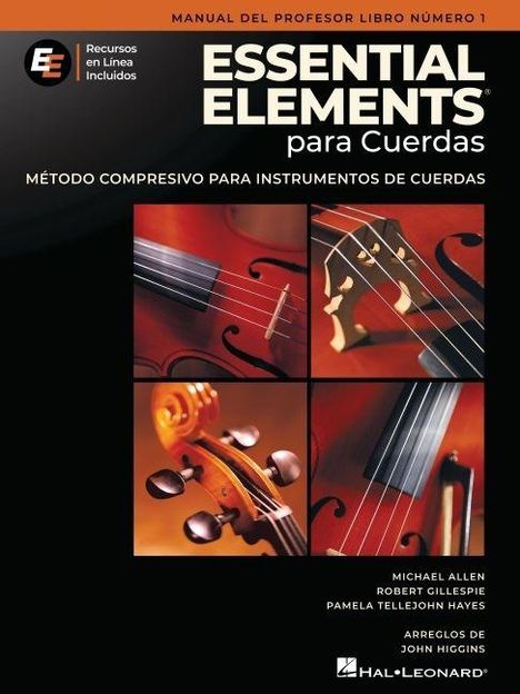 "Essential Elements para Cuerdas" oben. Vier Nahaufnahmen von Streichinstrumenten, hauptsächlich Violinen. Logo oben links.