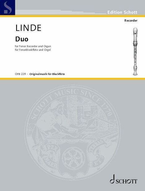 "Linde Duo für Tenorblockflöte und Orgel, Edition Schott. Abbildung einer Blockflöte und Schott-Logo."