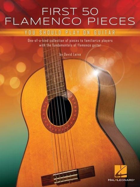 Erster Text: "First 50 Flamenco Pieces". Eine akustische Gitarre im Vordergrund mit warmen Farben im Hintergrund.
