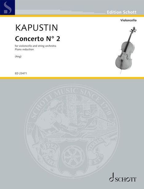 "KAPUSTIN Concerto N° 2, Violoncello. Bild eines Cellos, obere Hälfte weiß, untere grau mit Schott-Logo."