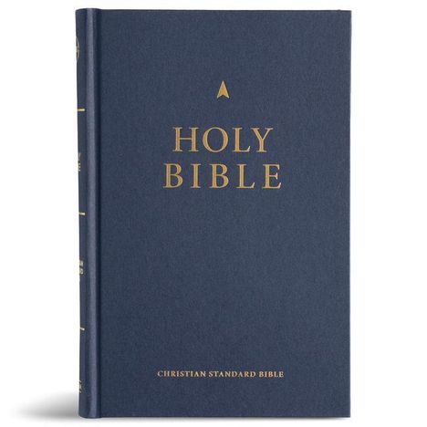Text: "HOLY BIBLE" und "CHRISTIAN STANDARD BIBLE". Ein dunkelblaues Buchcover mit goldener Schrift.
