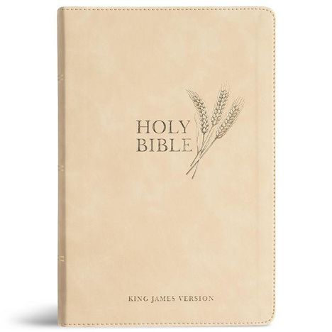 "HOLY BIBLE, KING JAMES VERSION" steht auf einem beigefarbenen Einband mit einem Weizen-Logo.