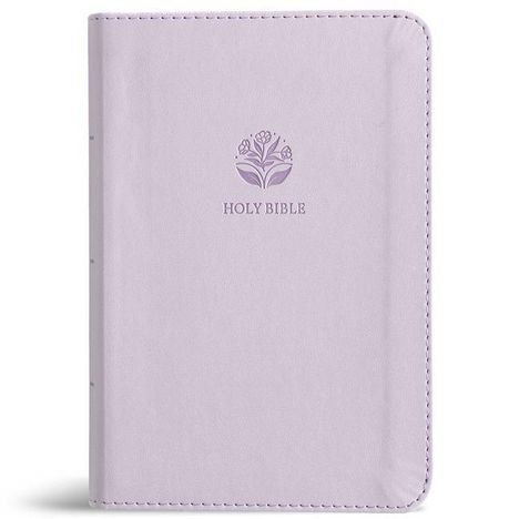 "Lavendelfarbenes Cover mit lila Logo und 'Holy Bible' darunter, schlicht und elegant."