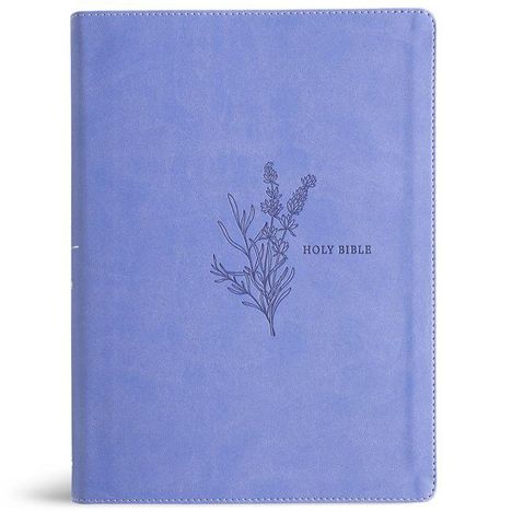 Text: "HOLY BIBLE". Lila Umschlag mit gezeichnetem Lavendelzweig.