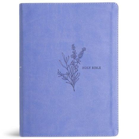 Text: "HOLY BIBLE". Lila Einband mit geprägter Pflanze darauf.