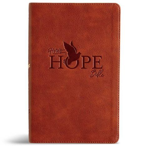 "Here's Hope Bible" in Prägung, Taube im Flug, brauner Lederumschlag.
