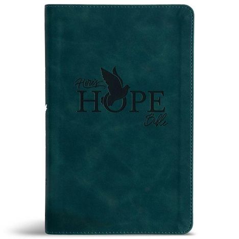 "Here's Hope Bible" steht in stilvollen Buchstaben auf dunkelgrünem Hintergrund mit geprägtem Vogelmotiv.