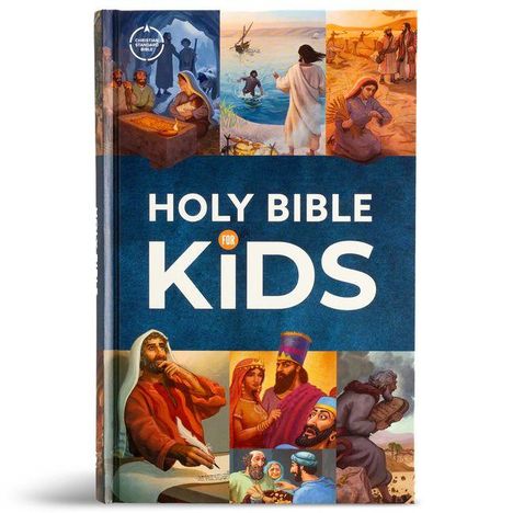 Text: "Holy Bible for Kids." Das Cover zeigt gemalte biblische Szenen mit Figuren aus der Bibel in verschiedenen Szenarien.