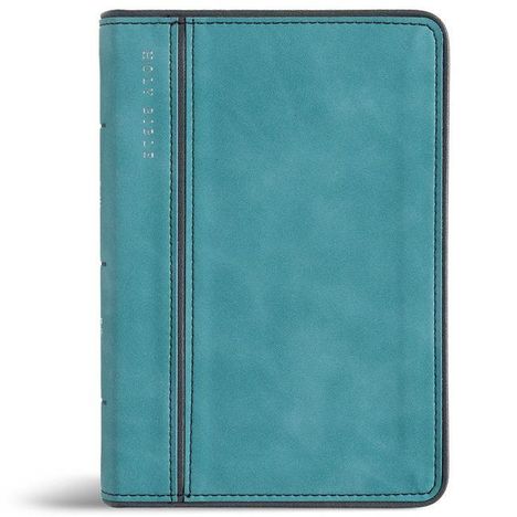 Text: "HOLY BIBLE". Blauer Bucheinband aus Leder mit abgerundeten Kanten und einer vertikalen Naht links.