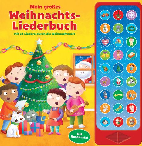 „Mein großes Weihnachts-Liederbuch“ und „Mit 24 Liedern durch die Weihnachtszeit“. Kinder singen am Baum.