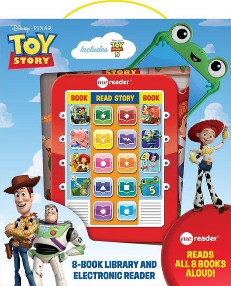 "me reader", "Book", "Read Story", "Includes Toy Story 5", "Reads all 8 books aloud!". Figuren aus Toy Story sind abgebildet.