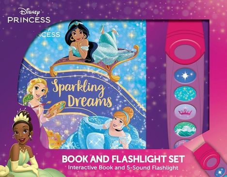 "Sparkling Dreams" und "BOOK AND FLASHLIGHT SET". Illustration mit Prinzessinnen und einem interaktiven Buch mit Taschenlampe.