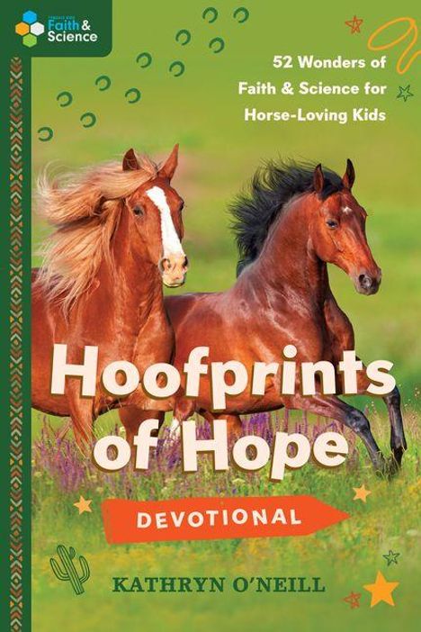 „Hoofprints of Hope“, ein Buch für pferdeliebende Kinder; Illustration mit zwei galoppierenden Pferden auf grünem Feld.