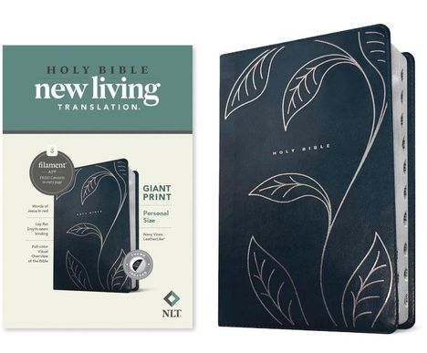 "HOLY BIBLE new living translation, GIANT PRINT, Personal Size" in grünem und cremefarbenem Design. Rechts abgebildet: ein dunkelblaues Buch mit Blattmuster.