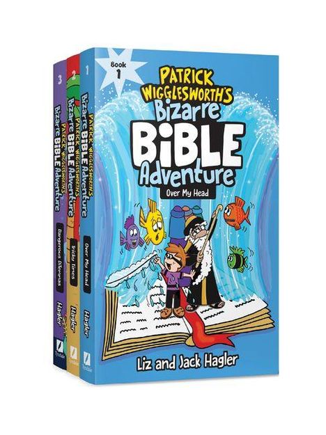 Text "Patrick Wigglesworth's Bizarre Bible Adventure". Illustrationen von Comicfiguren auf einer riesigen Bibel.